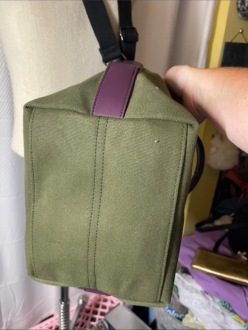 Cincha Olive convertible Canvas Satchel w/Purple Leather Handles & Black Strap - Picture 5 of 9